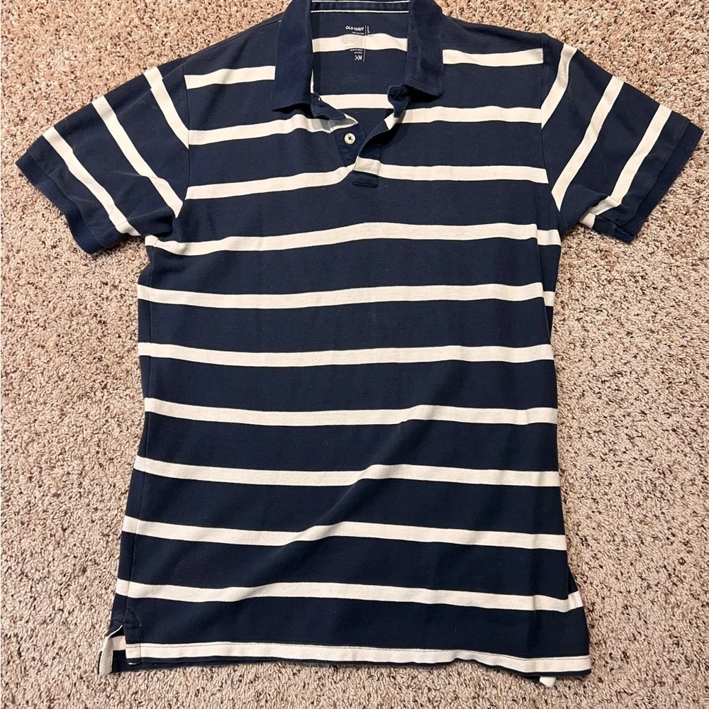 Old Navy 100% Cotton Polo Shirt Mens Navy And White Striped Y2K Size L Spring 09